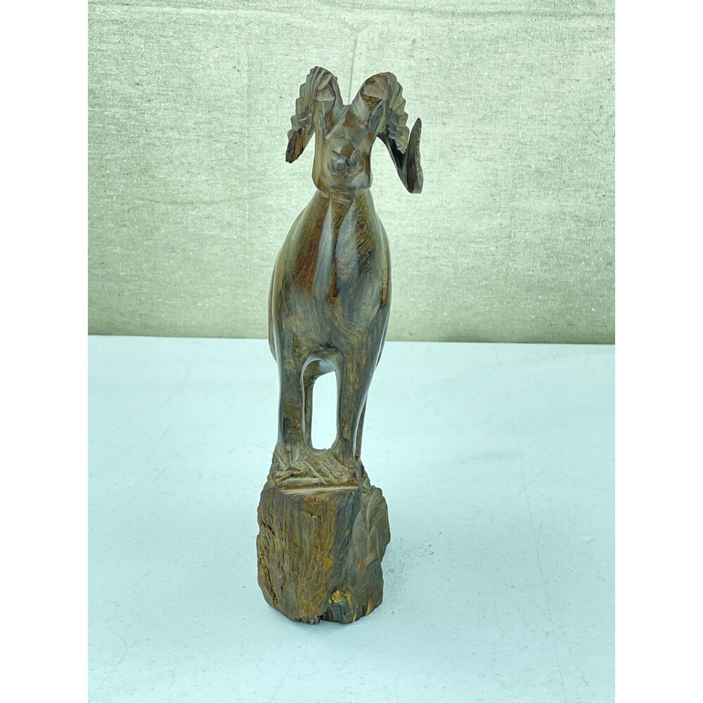 VTG HAND CARVED IRONWOOD BIG HORNED RAM ON WOODEN BASE 7 " X 7.25" HIGH